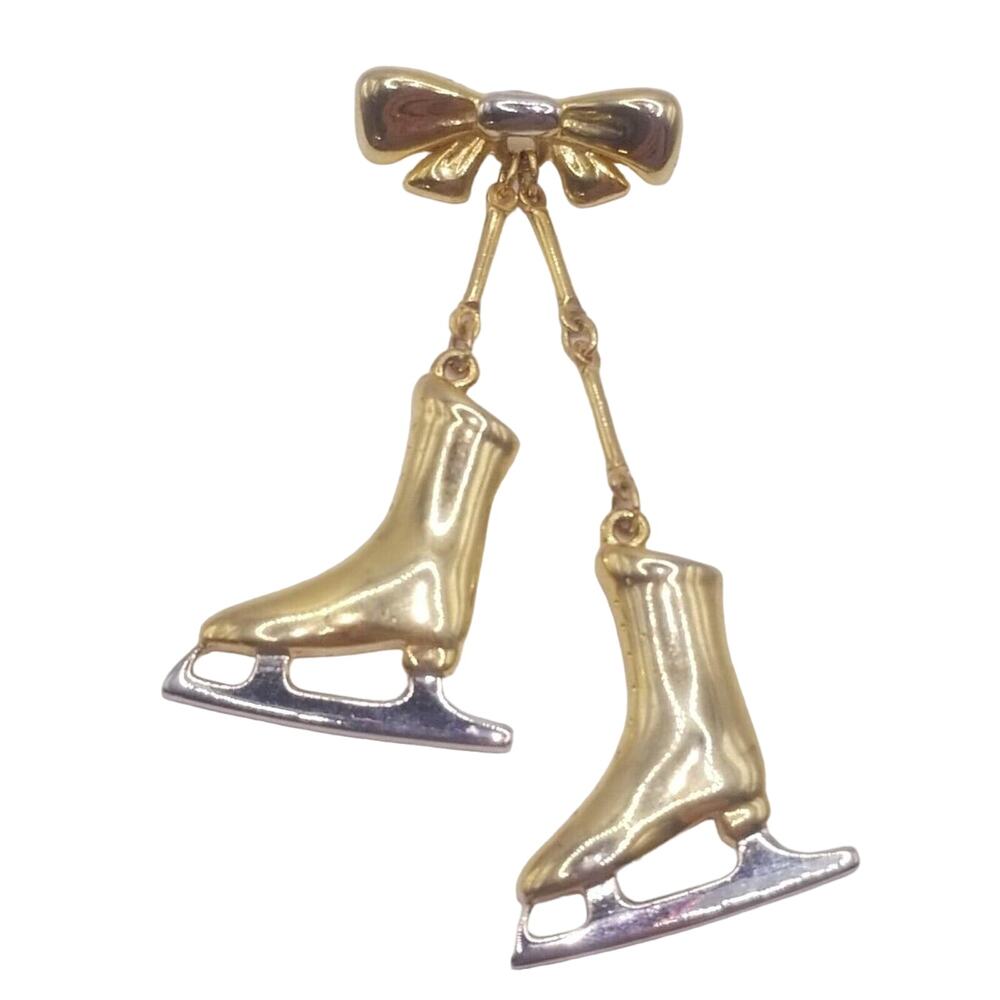 Ice Skates Bow Dangling Pin Brooch Gold Tone 2.5" Silver and Gold